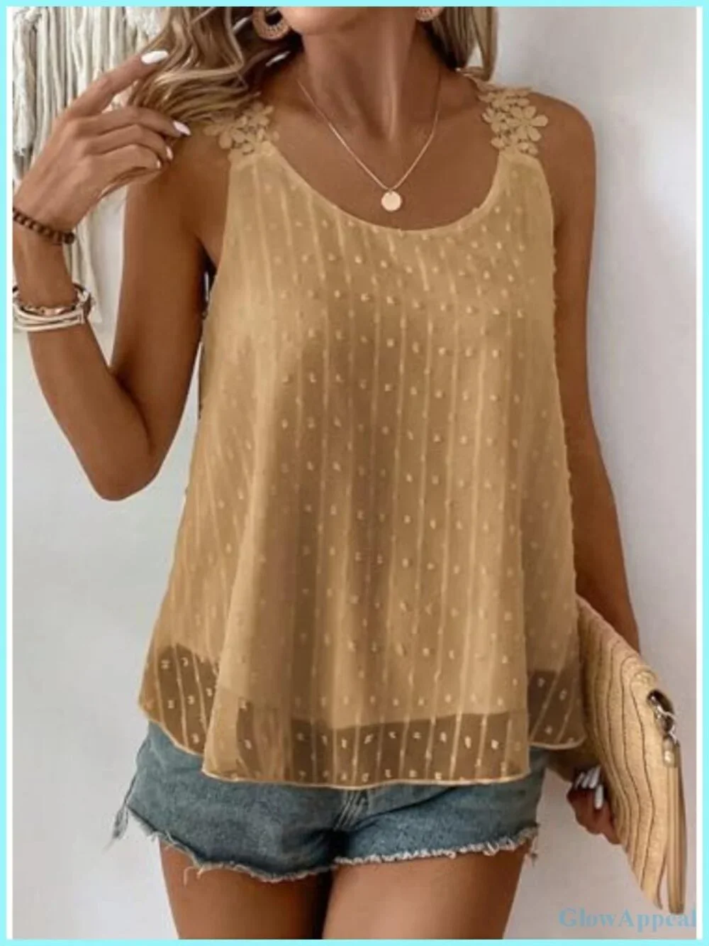 Sleeveless Crewneck Tank Top with Lace Trim and Swiss Dot Design